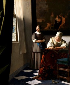 Woman writing a letter, with her maid, by Johannes Vermeer. Free illustration for personal and commercial use.