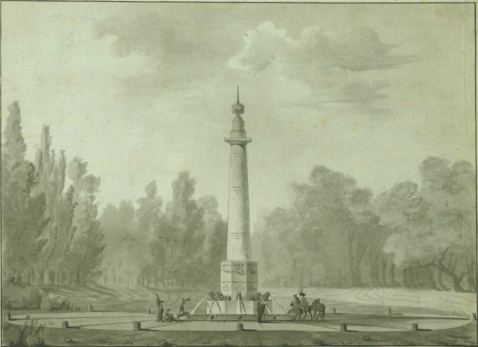 Wood landscape with travellers near a monumental signpost - 346 x 461 mm