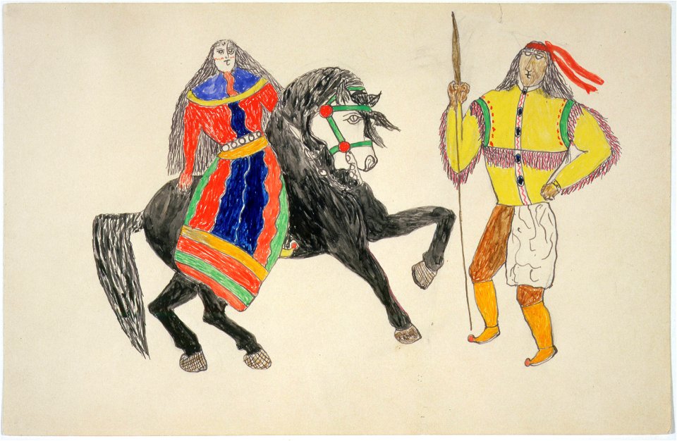 Woman on black horse greets man (Gokliz sketch)