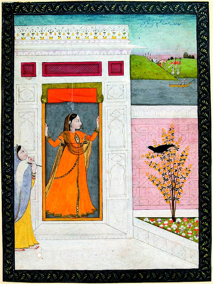 Woman awaits the arrival of her love; a crow caws from a bush by the door (6125135220)