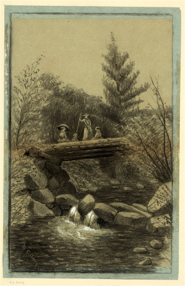 Women seated and standing on bridge over brook LCCN2004662243