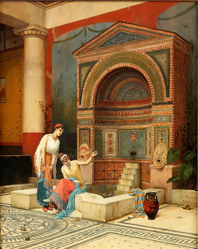 Women feeding fish in a Pompeian Atrium by Luigi Bazzani