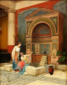 Women feeding fish in a Pompeian Atrium by Luigi Bazzani