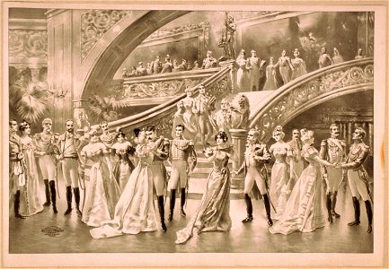 Women in ball gowns and men in military uniforms observing embracing couple at foot of staircase LCCN2014636865