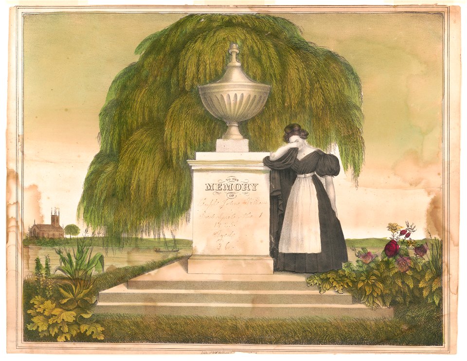 Woman mourning by tomb with inscription, to the memory of Capt. John Williams, died April the 1, 1825) - lith. of D.W. Kellogg & Co LCCN91732571