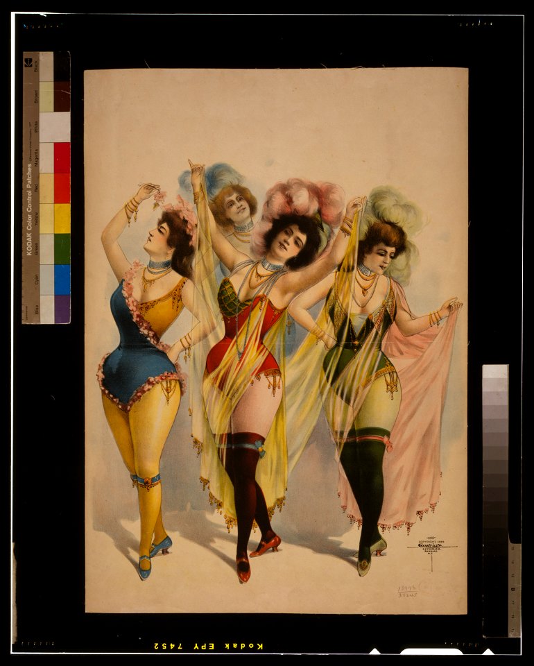 Women wearing brief costumes, holding veils, with feathers in her hair LCCN2014635681