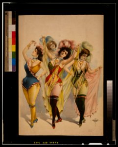 Women wearing brief costumes, holding veils, with feathers in her hair LCCN2014635681
