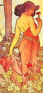 Woman with flower detail, Alfons Mucha - 1898 - The Flowers Carnation (cropped). Free illustration for personal and commercial use.