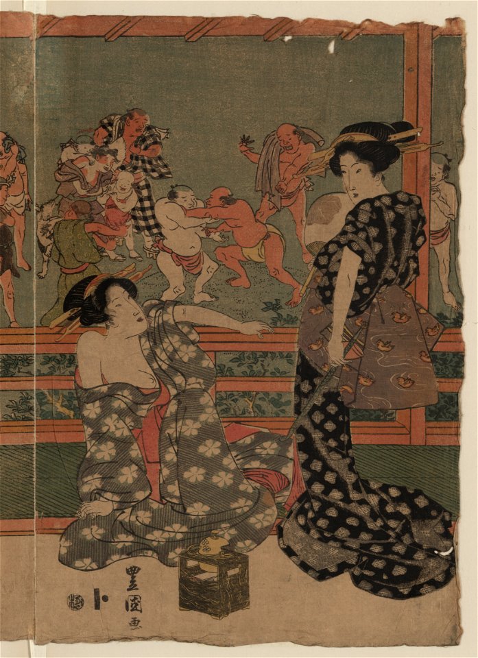 Women watching a sumo match under a full moon (right panel)