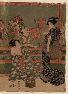 Women watching a sumo match under a full moon (right panel)