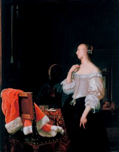 Woman standing in front of a mirror, by Frans van Mieris (I). Free illustration for personal and commercial use.