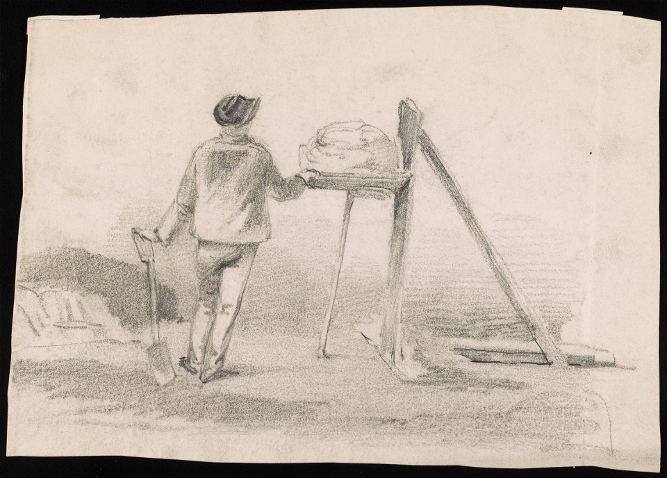 Worker, perhaps a mason or hod carrier, seen from behind holding a shovel with left hand and his right hand resting on a loaded hod poised against a supporting frame LCCN2016645569