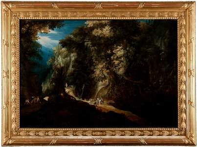 Wooded Mountain Landscape with Waterfall and Travellers (Gysbrecht Leytens) - Nationalmuseum - 137837. Free illustration for personal and commercial use.