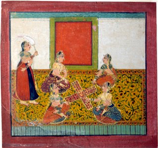 Women playing Parcheesi, seated on a yellow patterned floorspread (6125048328)