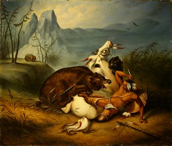 Indian Bear Fight, anonymous painter (mid-19th century). Free illustration for personal and commercial use.