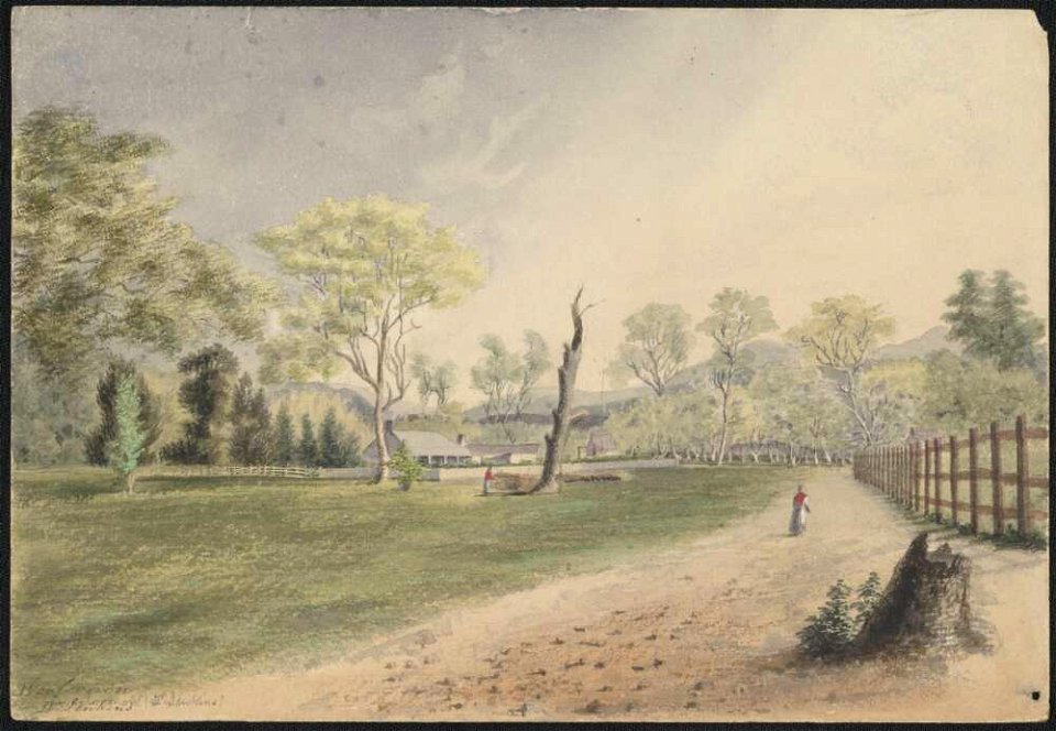 Wooloonan near Tamworth, the station of Dr. Jenkins, in the gold district of the Hanging Rock, Peel River, 1853, watercolour by James Gay Sawkins