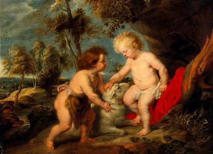 Workshop of Peter Paul Rubens - The Christ Child and the Infant Saint John the Baptist. Free illustration for personal and commercial use.