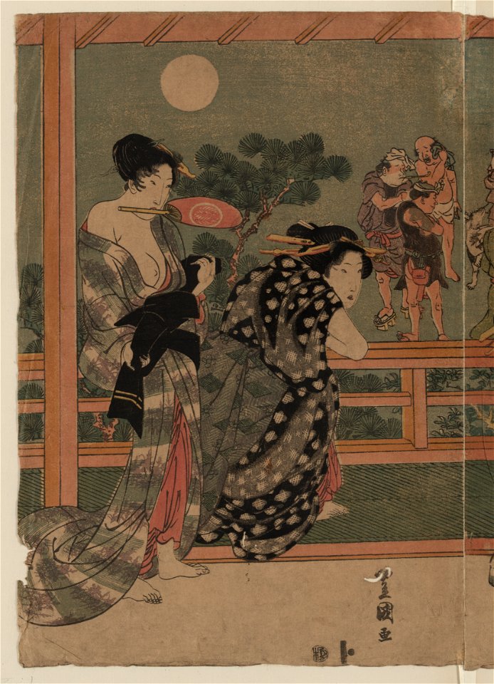 Women watching a sumo match under a full moon (left panel)