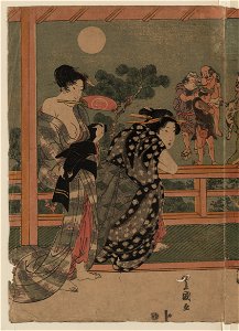 Women watching a sumo match under a full moon (left panel)