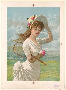 Woman in white dress holding flowers and tennis racket LCCN2003674368