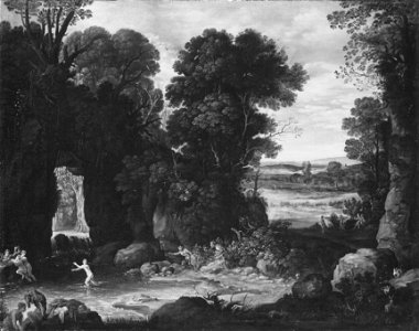 Wooded Landscape with Satyrs Pursuing Nymphs - Nationalmuseum - 18391. Free illustration for personal and commercial use.