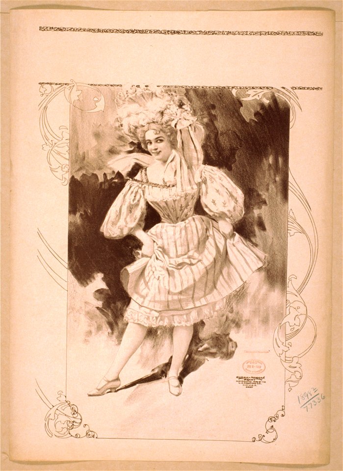 Woman wearing large hat and short skirted dress, holding up skirt revealing petticoat LCCN2014636846