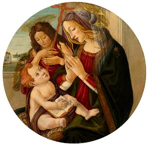 Workshop of Botticelli - MADONNA AND CHILD WITH THE INFANT SAINT JOHN THE BAPTIST, SEATED BY A WINDOW, AN EXTENSIVE LANDSCAPE BEYOND, lot.125. Free illustration for personal and commercial use.