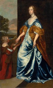 Workshop of Sir Anthony van Dyck - Duchess of Lennox and Richmond (1622–1685) with her lady’s maid, the dwarf, Anne Shepherd. Free illustration for personal and commercial use.