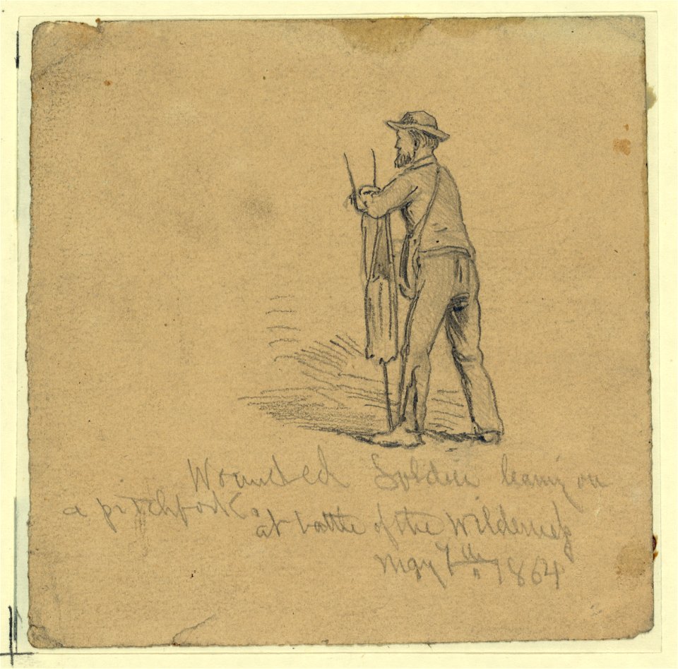 Wounded soldier leaning on a pitchfork at Battle of the Wilderness, May 7, 1864 LCCN2004661867