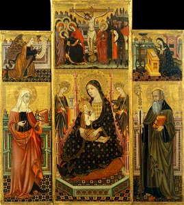Workshop of Llorenç Saragossà - Altarpiece of the Virgin Suckling the Child, Saint Clare and Saint Anthony the Abbott - Google Art Project. Free illustration for personal and commercial use.