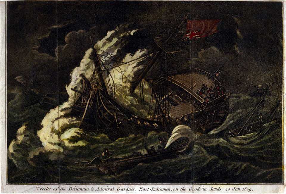 Wrecks of the Britannia, and Admiral Gardner, East Indiamen, on the Goodwin Sands, 24 Jan 1809 RMG PU6386