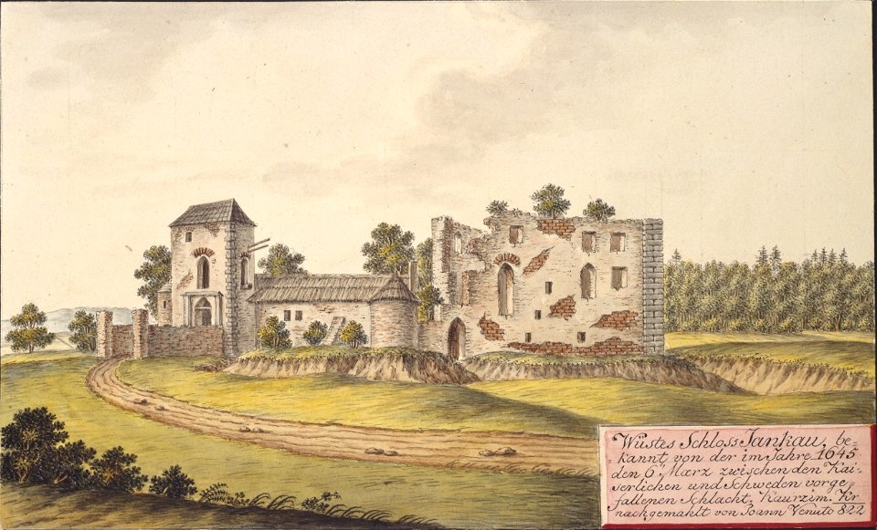 Wüstes Schloss Jankau, bekannt von der im Jahre 1645 den 6. Maerz zwischen den Kaiserlichen und Schweden vorgefallenen Schlacht, Kauřzim. Kr. nachgemahlt von Joann Venuto 1822