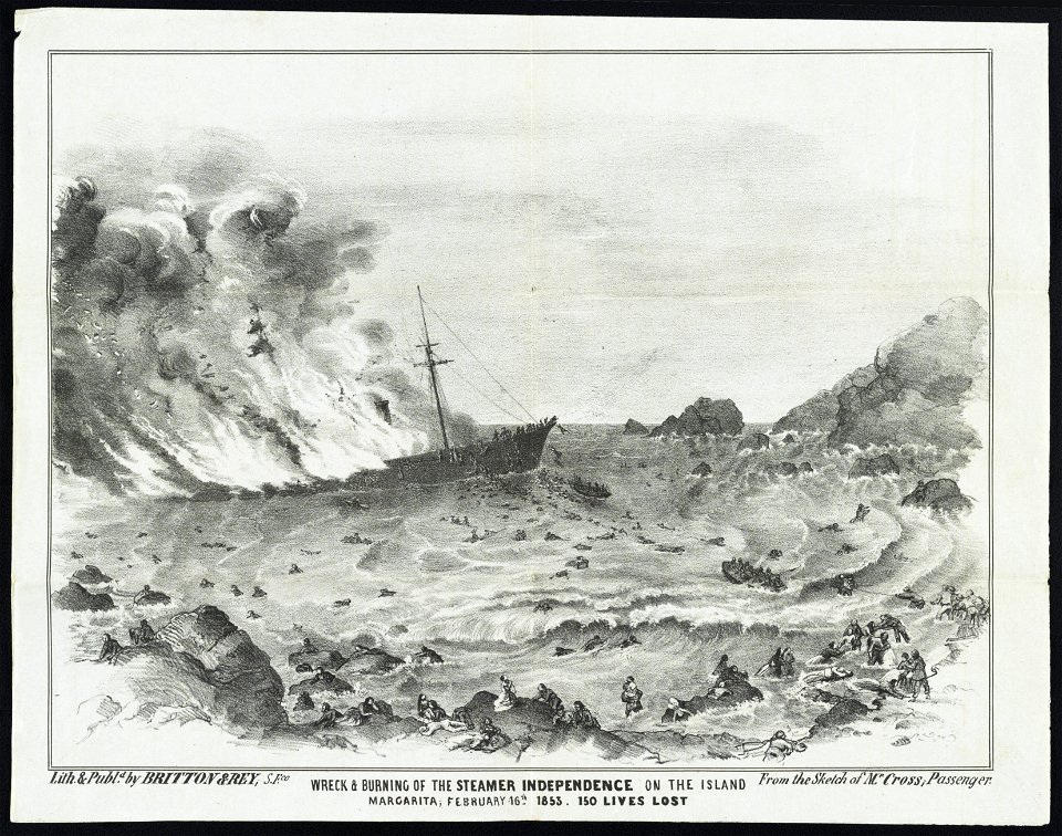 Wreck & burning of the steamer Independence on the island of Margarita, February 16th, 1853 ; 150 lives lost - - From the sketch of Mr. Cross, passenger ; Lith. & publd. by Britton & Rey, S. LCCN2011661695