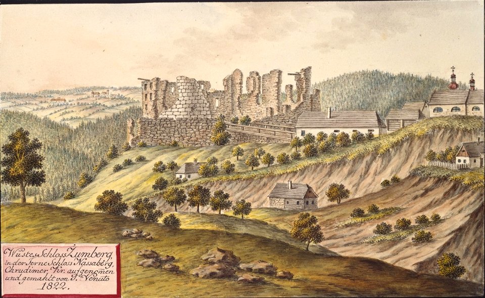 Wüstes Schloss Zumberg, in der Ferne Schloss Nassaberg, Chrudimer Kr. aufgenommen und gemahlt von J. Venuto 1822