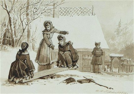Xavier Leprince, girls playing seesaw in the snow, 1822
