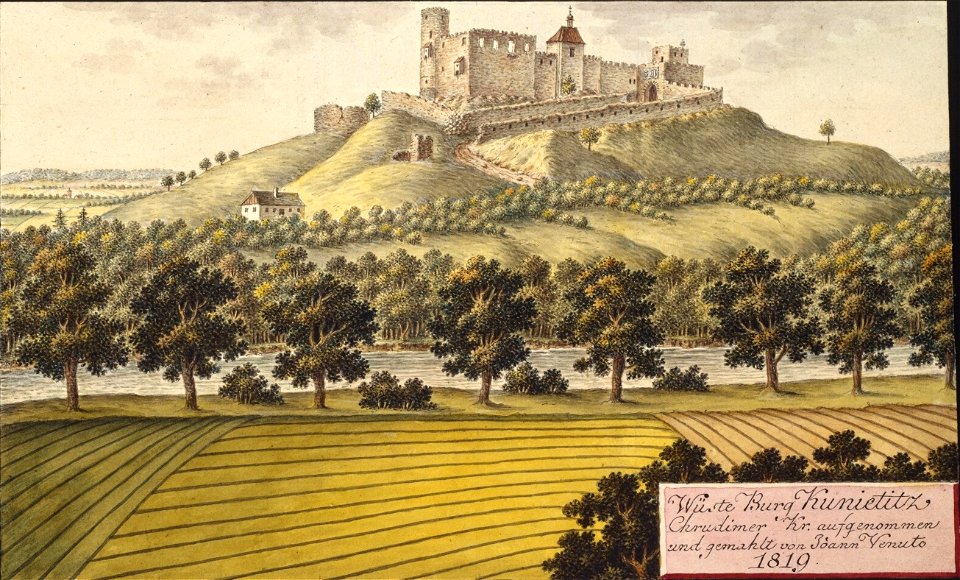 Wüste Burg Kunietitz, Chrudimer Kr. aufgenommen und gemahlt von Joann Venuto 1819