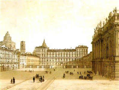 XIX century print, Piazza castello, torino