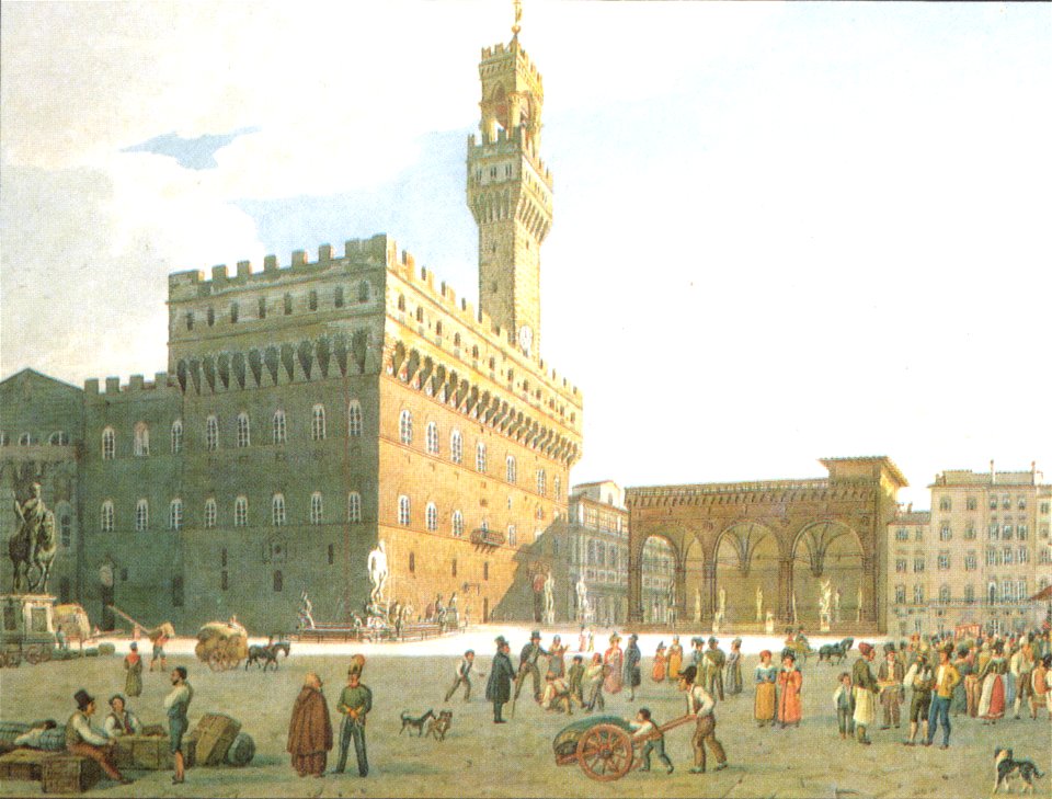 XIX century print, Piazza della signoria, firenze