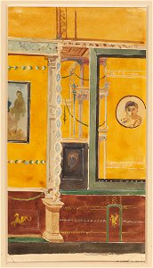 Yellow frescoed walls with mural and medallion in Pompeii watercolor by Luigi Bazzani