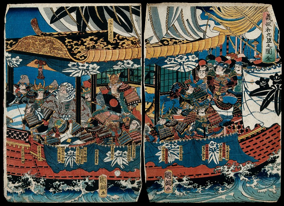 Yoshitsune's nineteen loyal retainers on board ship. Colour Wellcome V0047310