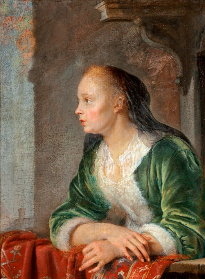 Young Lady on a Balcony, Gerrit Dou and studio, c. 1664, National Gallery, Prague (cropped to inlet)