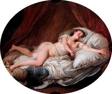 Young lady laying on a bed, by Hugues Taraval