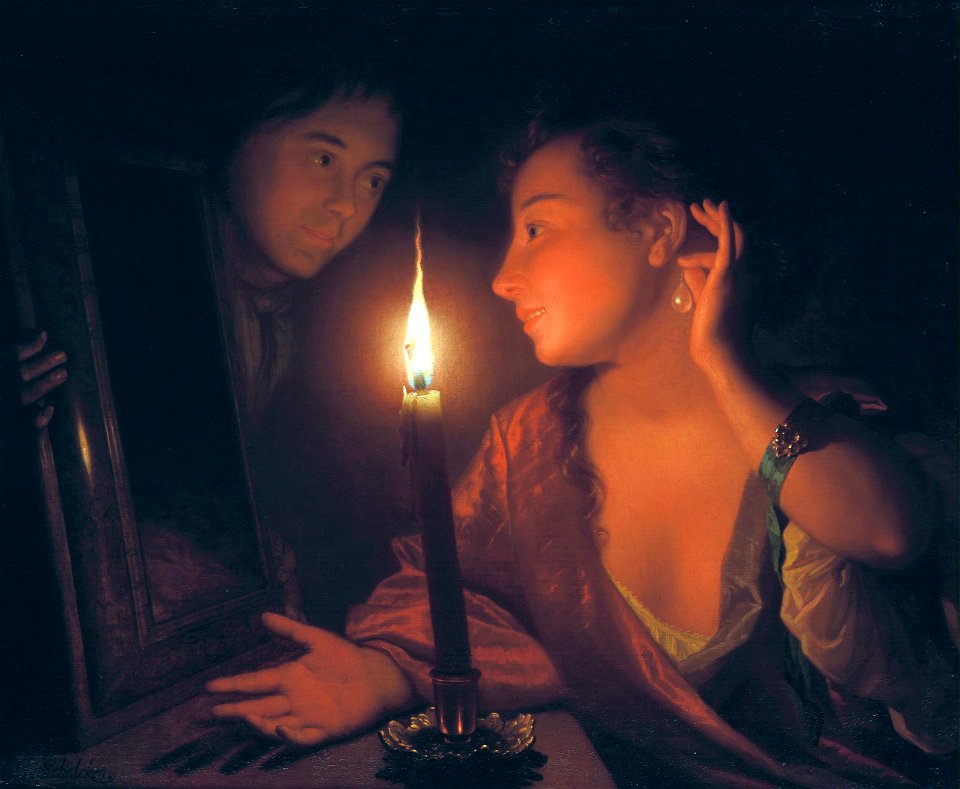 Young woman admiring an ear-pendant by candlelight, by Godefridus Schalcken