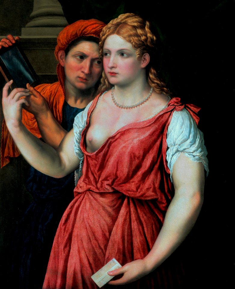 Young woman looking in a mirror and a servant, by Paris Bordone