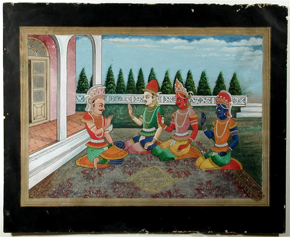 Yudhistra receives Arjun and two others on a terrace (6125057558)
