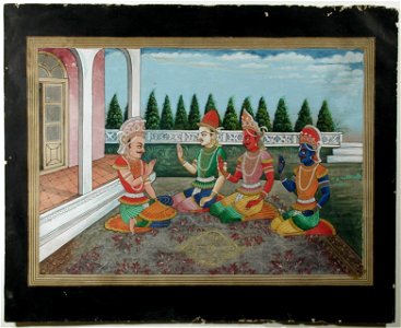 Yudhistra receives Arjun and two others on a terrace (6125057558)