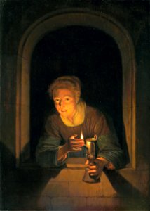 Young Woman Holding a Lamp by Gerard Dou Mauritshuis 33. Free illustration for personal and commercial use.