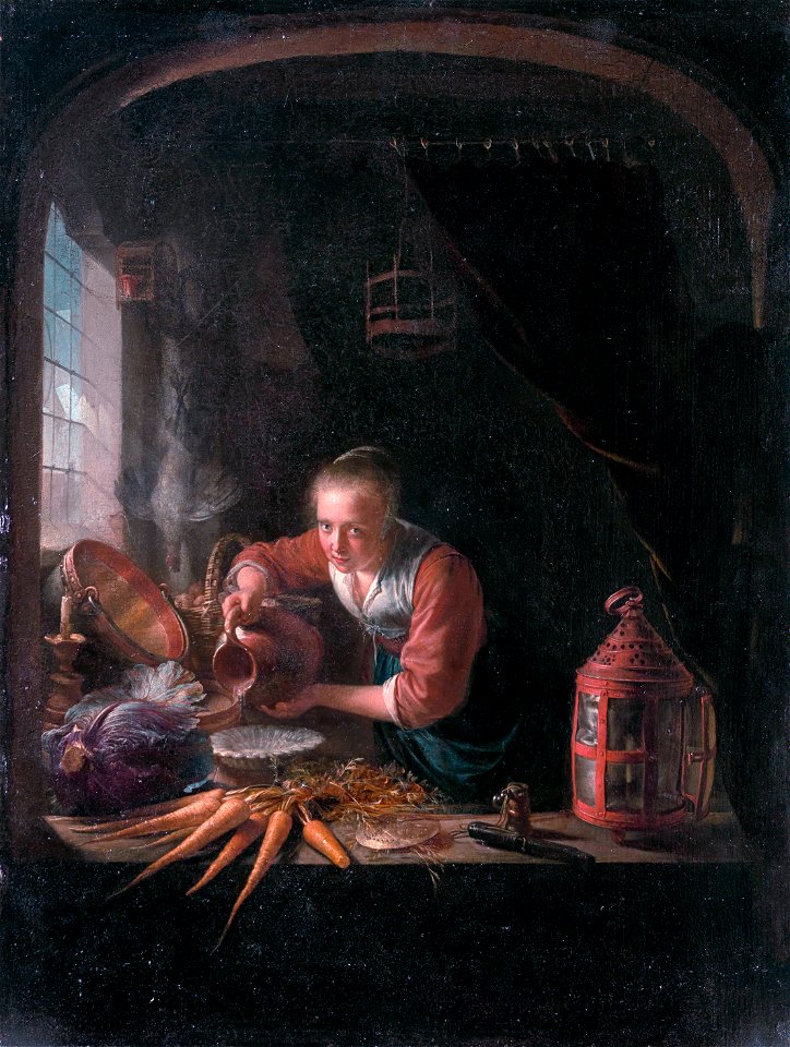 Young woman pouring water out of a jug, by Gerard Dou