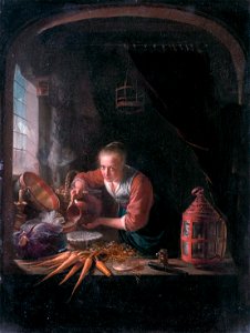 Young woman pouring water out of a jug, by Gerard Dou