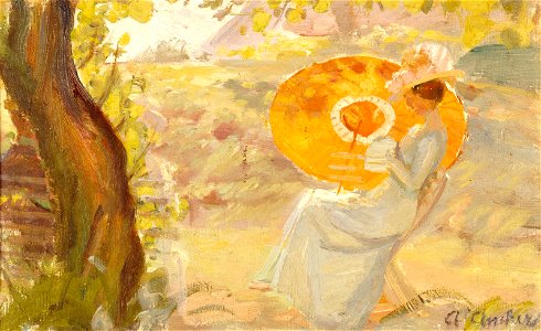 Young Girl in a Garden with Orange Umbrella (Anna Ancher). Free illustration for personal and commercial use.